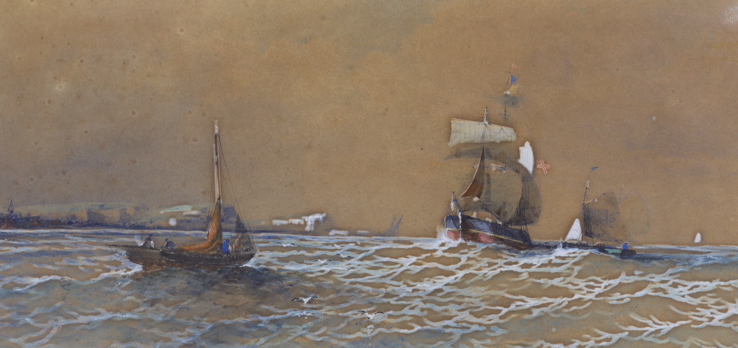 A. Clifford, pair of heightened watercolours, ‘Morning in the Shelt’ and ‘Off Dover - A Breezy Day in the Channel’, each signed, 28 x 58cm